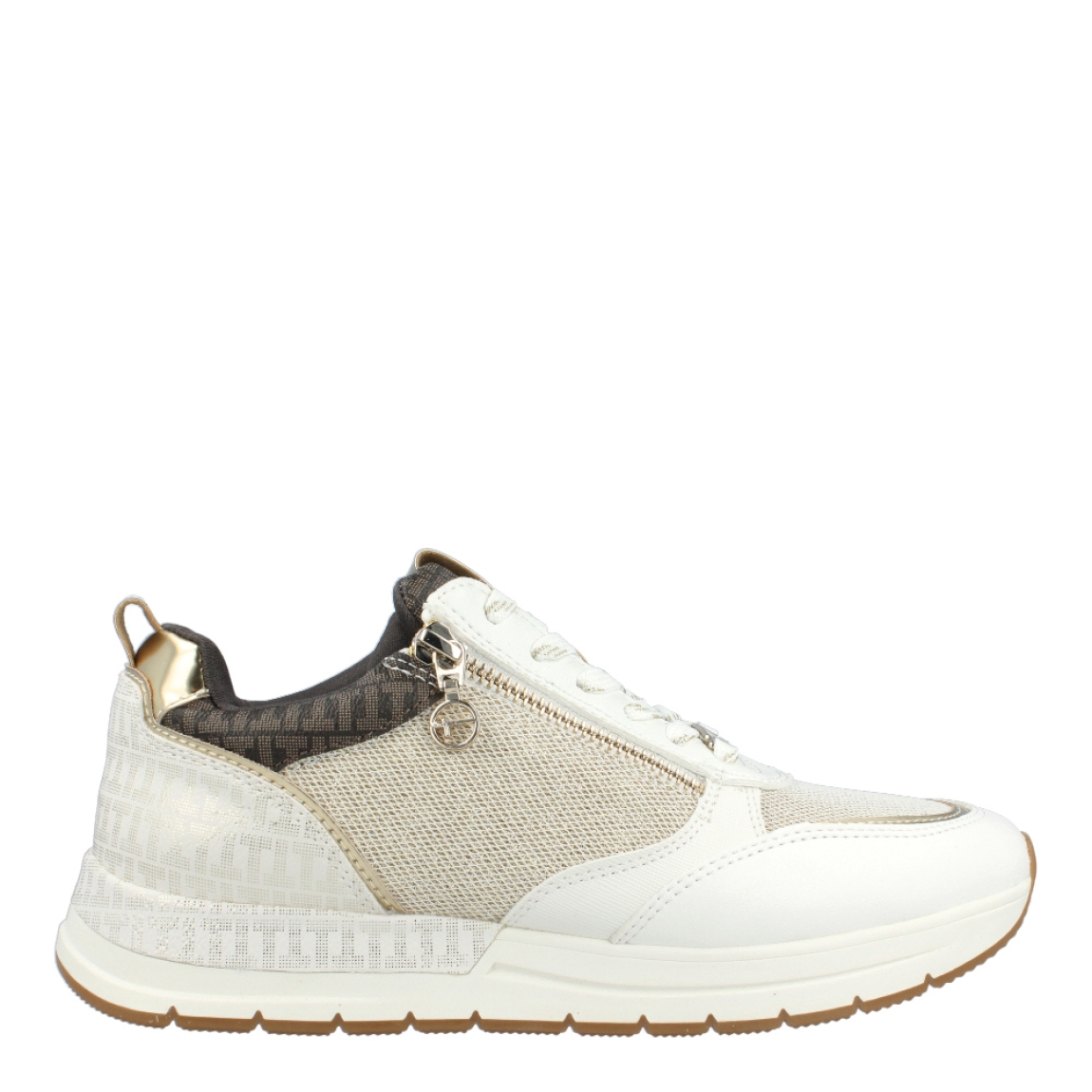 Deportivas de la marca Tamaris, modelo Warton. Exterior de las deportivas en piel color blanco con detalle en escarchado y cremallera en la parte lateral exterior. Interior de las deportivas en textil color gris oscuro. Cierre de las deportivas Tamaris con cordones blancos. Estas deportivas Tamaris Warton tienen un diseño que te hará destacar tus look, además de una comodidad única en cada paso que des!