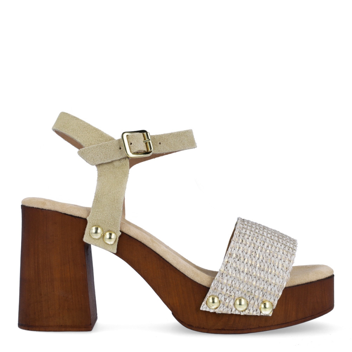 Sandalias de la marca Itse, modelo MARCIA. Exterior en rafia trenzada color beig con efecto brillante. Interior en ante color beig. Cierre de sandalias Itse con hebilla en tobillo. Sandalias con tacón de 8cm de alturas. Estas sandalias Itse MARCIA son un complemento ideal para estilizar looks y andar con una comodidad absoluta en tu día a día!