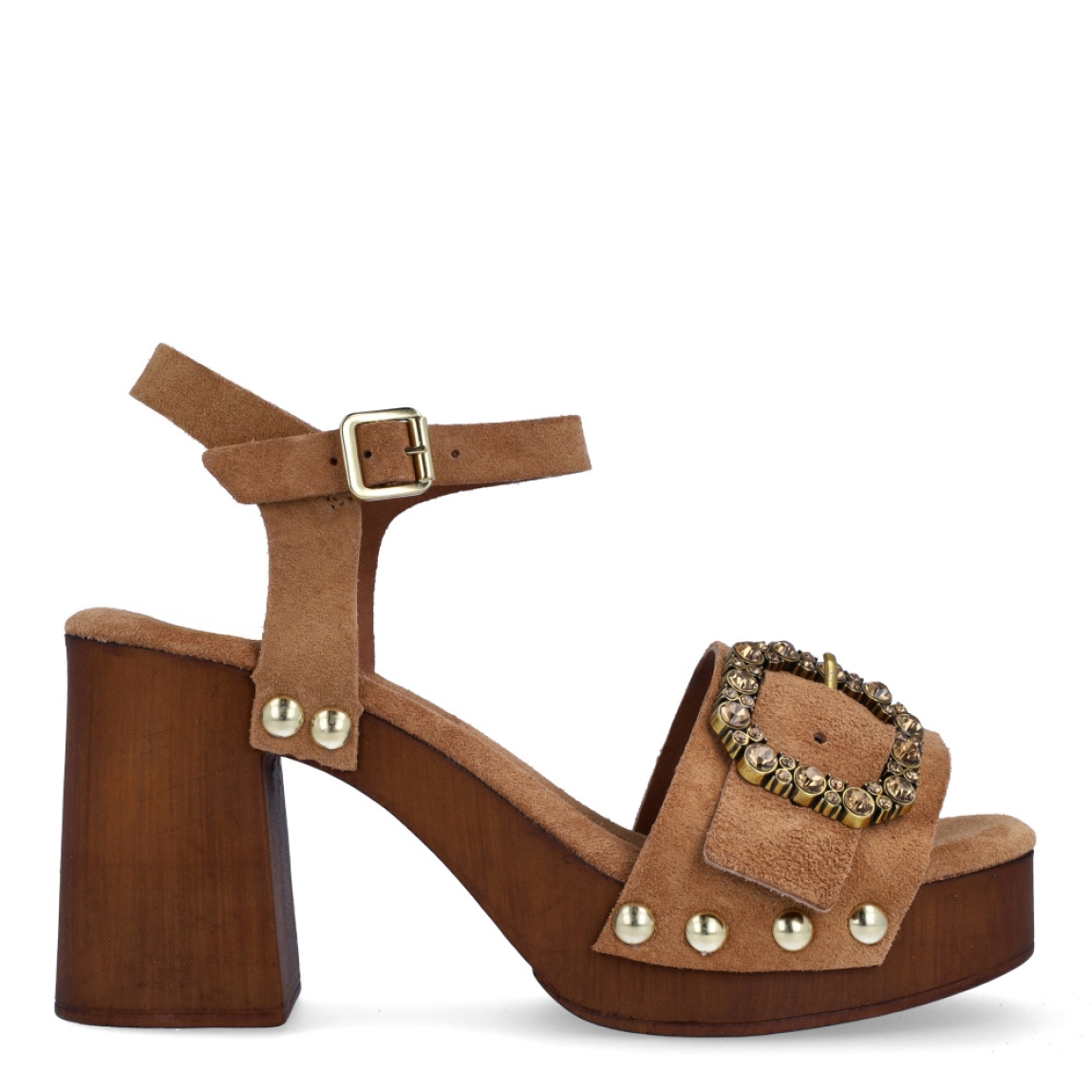 Sandalias de la marca Itse, modelo LARISA. Exterior de las sandalias en ante color cuero con detalle de hebilla brillante en la pala. Interior de las sandalias en ante color camel. Cierre de las sandalias con hebilla pulsera y tacón de 9cm de altura. Estas sandalias Itse LARISA tienen el diseño y comodidad que necesitas para resaltar tus looks de temporada. No te puede faltar en el armario.