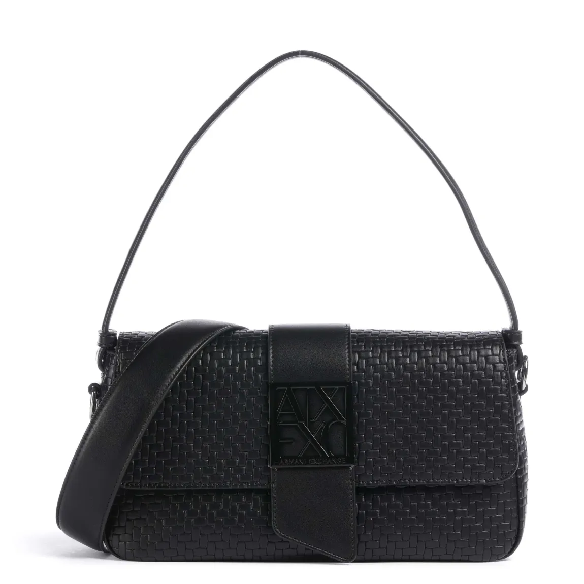Bolso de la marca Armani Exchange, modelo DEBORA. Bolso elaborado en ecopiel con efecto trenzado color negro. Bolso con logo forro polyester. Bolso Armani Exchange con cierre magnético. Con asas, una extraíble y ajustable correa de hombro (longitud cerca de 110-115 cm). Bolso con herrajes de metal plateado. Bolso Armani Exchange DEBORA, ideal para llevar a todos lados! Medidas: alto 15cm y ancho 28cm.