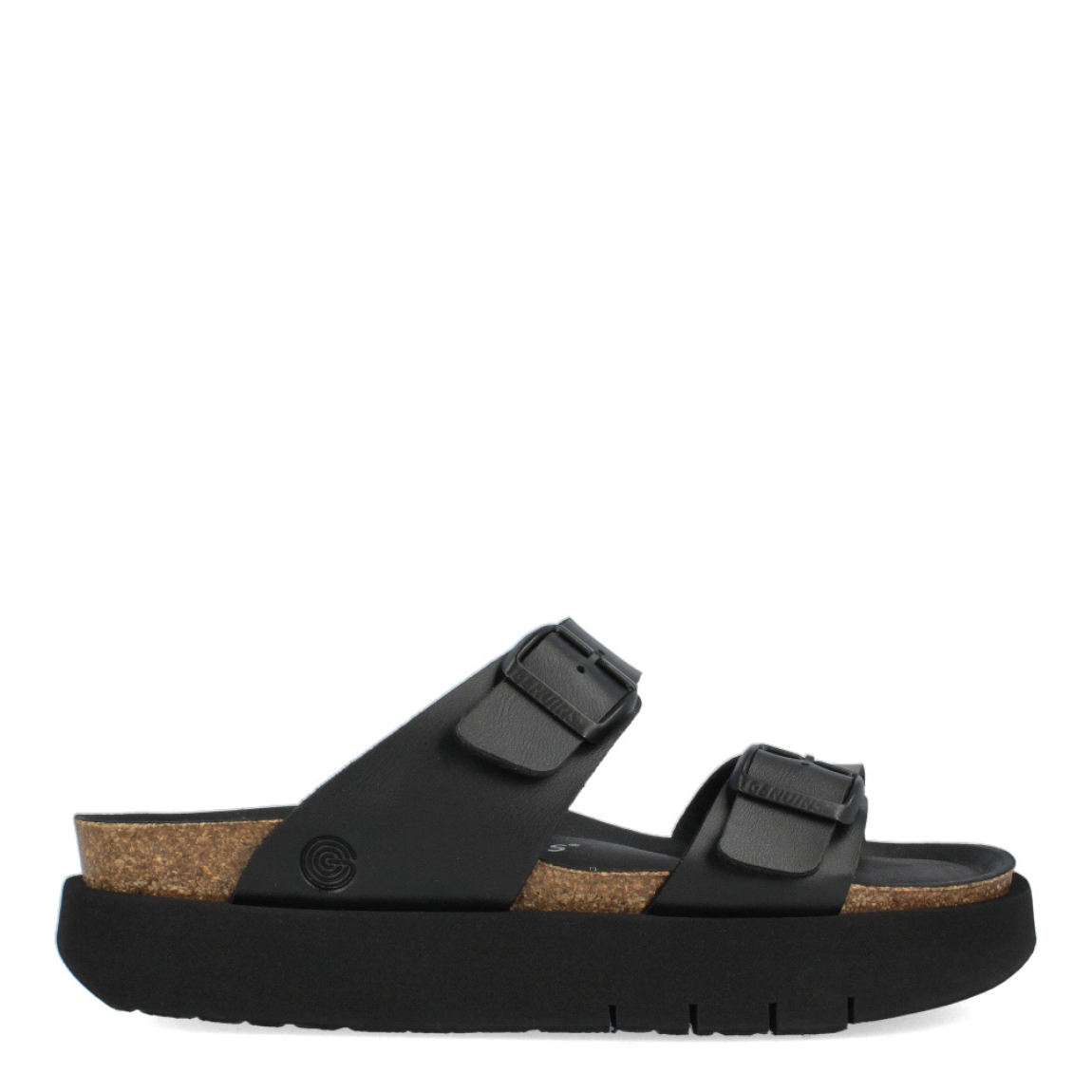 Sandalias de la marca Genuins, modelo G10. Exterior e interior de las sandalias en piel color negro. Cierre de las sandalias Genuinns con doble hebilla en la pala y empeine. Sandalias con plataforma de goma. Estas sandalias Genuins G10 son unas clásicas de temporada. Podrás armar diferentes looks con la máxima comodidad posible en tu día a día.