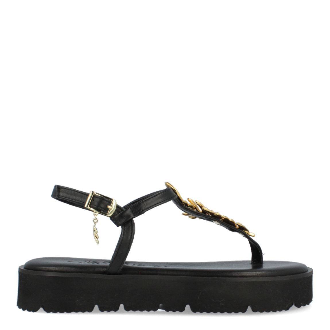 Esclavas de la marca Caryatis, modelo LAREA. Exterior de las sandalias en piel color negro con detalles en metálico dorado en forma de hojas en la pala. Cierre de las sandalias con hebilla y plataforma de 2cm de altura. Estas sandalias Caryatis LAREA son un complemento ideal para esta temporada. Podrás crear diferentes looks con la máxima comodidad posible.