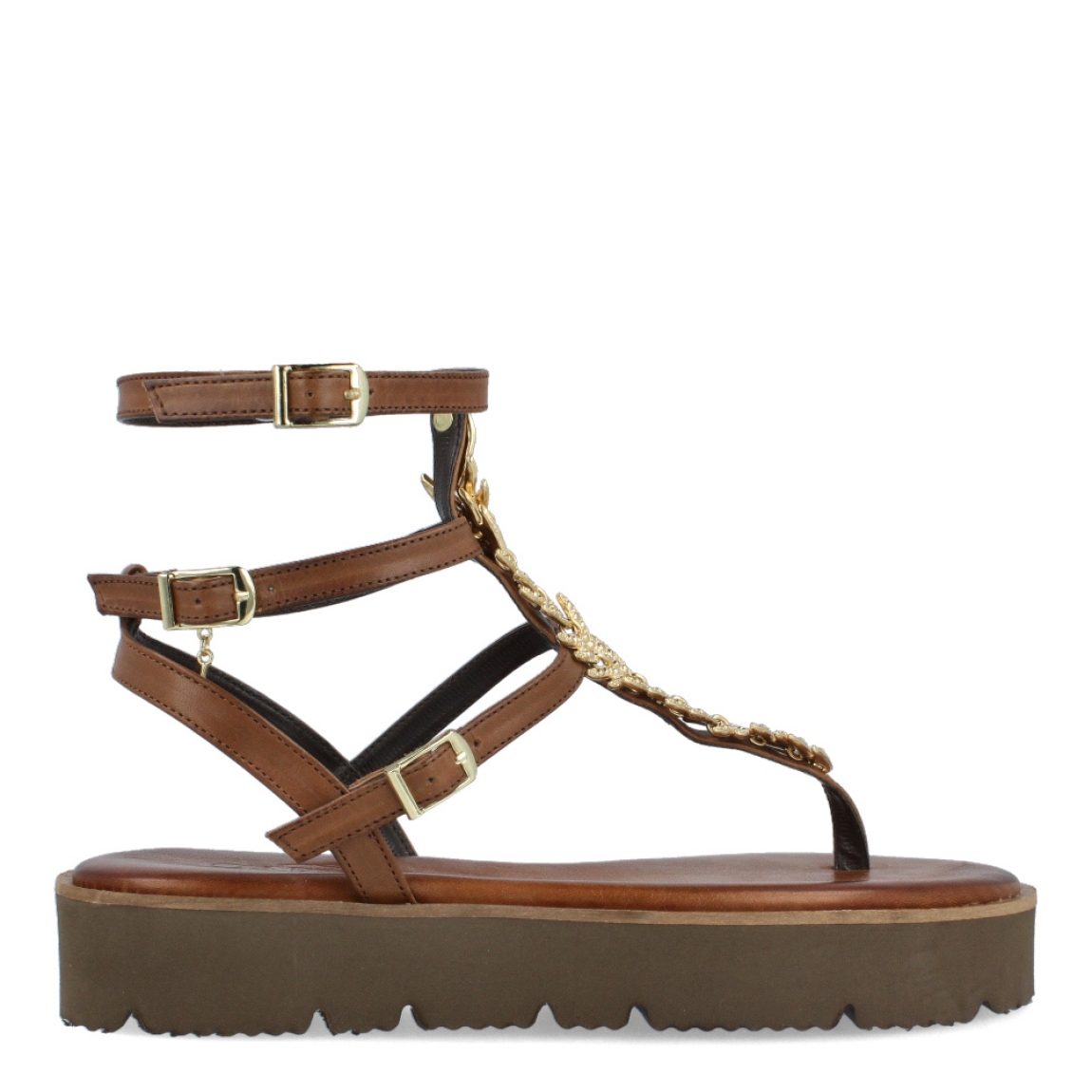 Sandalias de la marca Caryatis, modelo GOYA. Exterior de las sandalias en piel color marrón con detalles en metal dorado en forma de hojas en la pala. Cierre de las sandalias con triple hebilla. Estas sandalias Caryatis GOYA, tiene un estilo elegante e innovador, que te hará crear diferentes looks elegantes y originales. No puede faltar en tu armario de temporada.