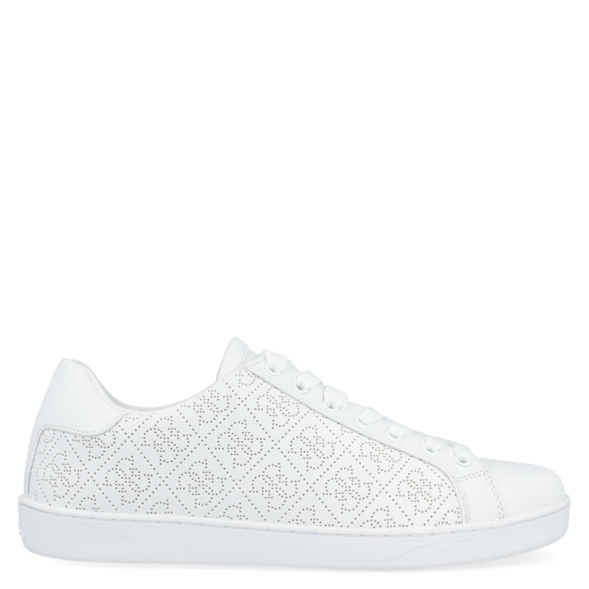 Deportiva de la marca Guess modelo Rosalia. Exterior de la deportiva en polipiel de color blanco con logo 4g de Guess calado. Interior en textil de color blanco. Cierre de la deportiva con cordones. Punta del zapato redonda. Suela de goma con 2,5 cm de plataforma. Inscripción del logo de Guess frontal. La zapatilla Guess Rosalia és ideal para el día a día!