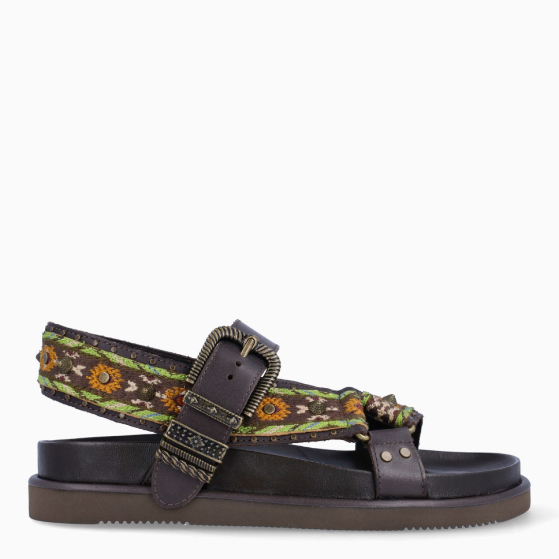 Sandalias de la marca ASH, modelo UNICA. Elaboradas en piel color marrón con estampado de figuras y colores simbolizando cultura africana. Interior en piel color negro. Cierre de sandalias ASH con hebilla en tobillo con aplicaciones en plateado. Suela de goma plana. Estas sandalias ASH UNICA son un complemento ideal en estilo y comodidad, una pieza que no te puede faltar en tus looks de temporada!
