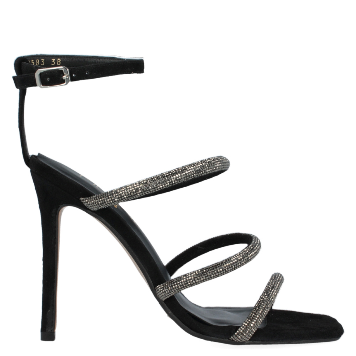 Sandalia con tiras brillantes de la marca Munné, modelo Escanes. Exterior de la sandalia de piel de color negro, con tiras brillantes plateadas. Interior de la sandalia de piel de color negro. Cierre de la sandalia con hebilla en el tobillo. Sandalia con tacón alto de 11 cm de altura. La sandalia Wurit de Munné es una sandalia de fiesta elegante y brillante.