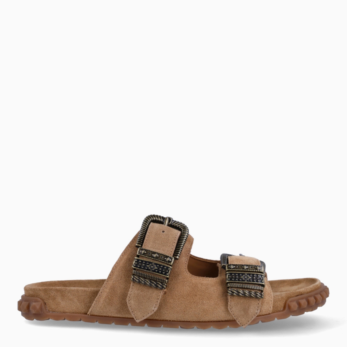 Sandalias de la marca ASH, modelo TWISTER. Elaboradas en ante color camel con doble tira en pala. Interior en ante color camel. Cierre de sandalias ASH con doble hebilla en pala y aplicaciones en dorado antiguo. Suela de goma plana. Estas sandalias ASH TWISTER son ideales para esta temporada, le darán un estilo y comodidad a tus looks del día a día!