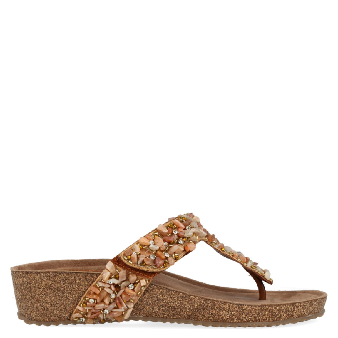 Esclava de pedreria de la marca Itse, modelo Triana. Exterior de la sandalia decorado con pedrería de colores naranja. Interior de la sandalia de piel de color marrón. Sandalia con cuña de 4 cm de altura, incluyendo 2 cm de plataforma. Sandalia con plantilla acolchada para garantizar el máximo confort. La sandalia de Itse, modelo Triana, es la sandalia perfecta para el verano. Es una sandalia cómoda y versátil para cualquier plan de verano.