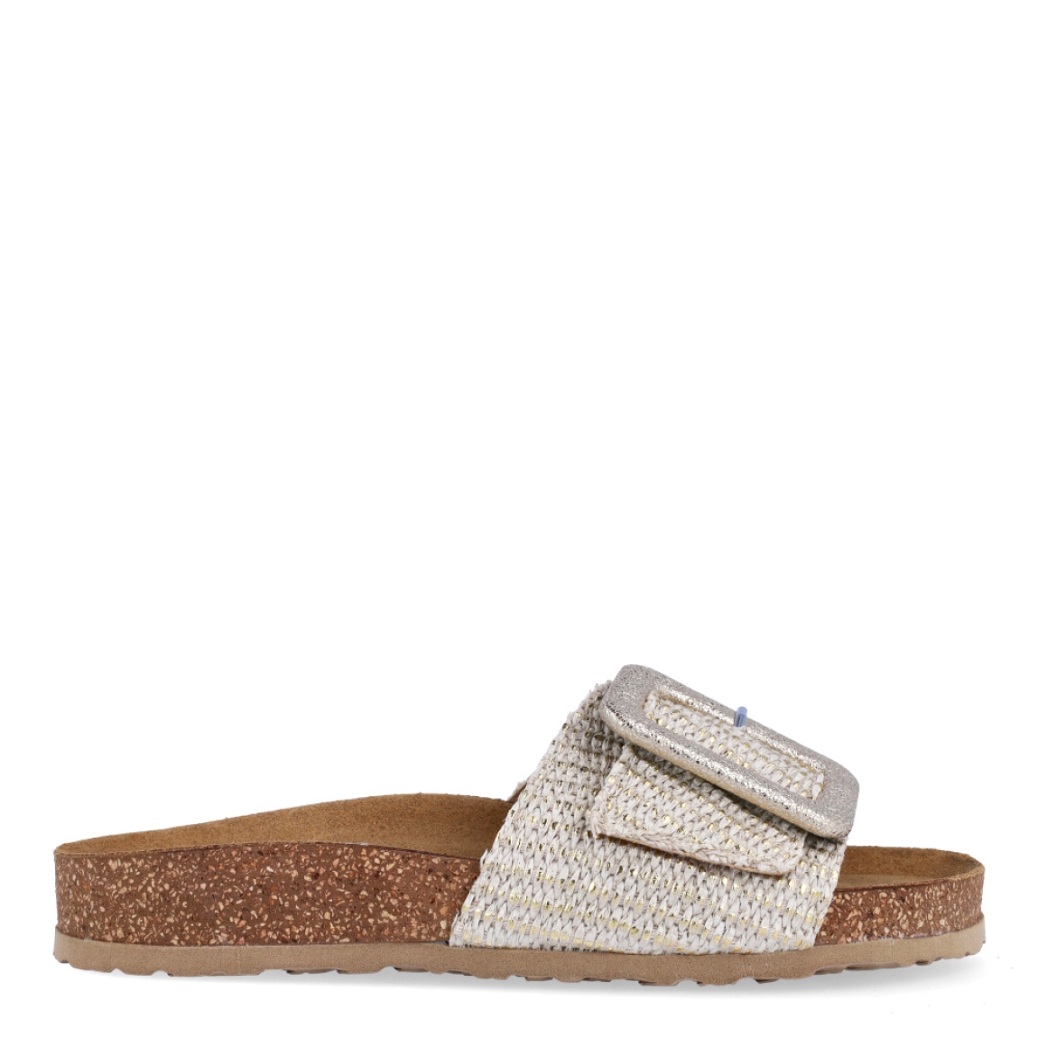 Chanclas de la marca Itse, modelo JULIET. Exterior en piel trenzada color beig con efecto brillante y hebilla grande en pala. Interior en piel color camel. Suela corcho de forma plana. Estas chanclas Itse JULIET son ideales para esta temporada!
