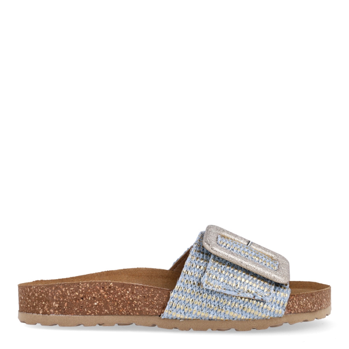 Chanclas de la marca Itse, modelo JULIET. Exterior en piel trenzada color azul con efecto brillante y hebilla grande en pala. Interior en piel color camel. Suela corcho de forma plana. Estas chanclas Itse JULIET son ideales para esta temporada!