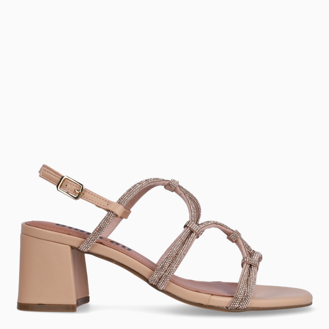 Sandalias de la marca BIBI LOU, modelo QUAIL. Sandalias elabordas en material sintético color nude, con punta redonda que aporta suavidad, mientras que los brillos decorativos en las tiras cruzadas de la pala añaden un toque luminoso y femenino. Sandalias BIBI LOU con cierre de hebilla en tobillo y suela plana de 2 cm, que esultan ligeras y cómodas para el uso diario. Estas sandalias BIBI LOU QUAIL son ideales para looks casuales, paseos de día o combinaciones urbanas con un toque refinado.