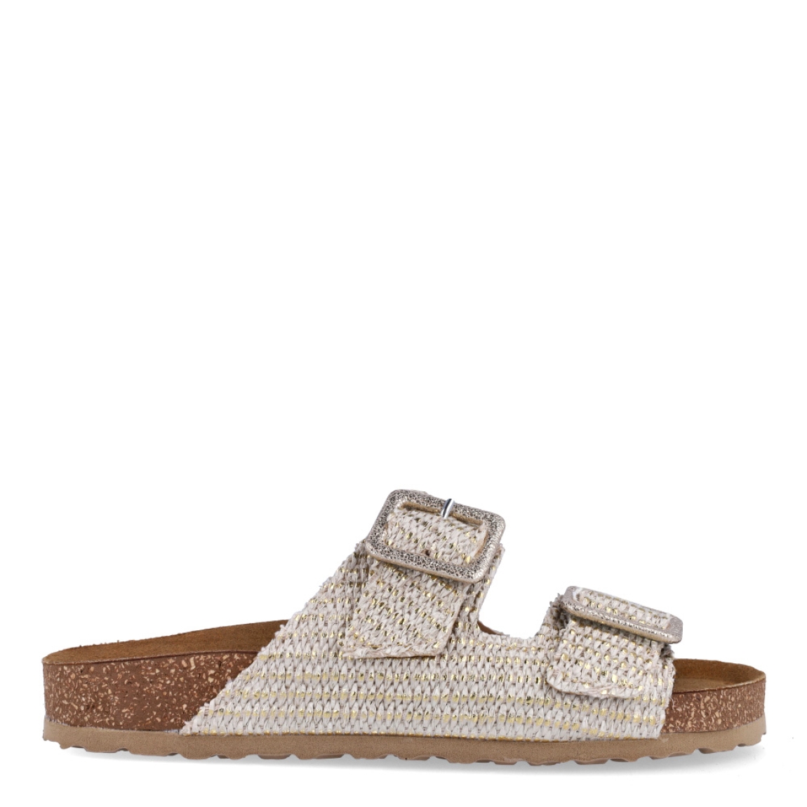 Sandalias de la marca Itse, modelo JULIA. Exterior en piel trenzada color beig con efecto brillante y doble hebilla en pala. Interior en piel color camel. Suela corcho de forma plana. Estas chanclas Itse JULIA son ideales para esta temporada!