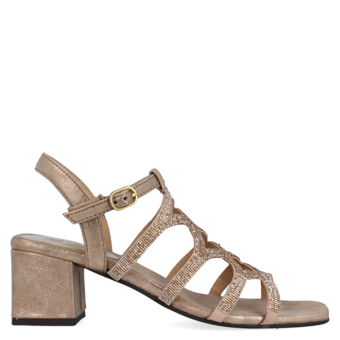Sandalia con pedrería de la marca Itse, modelo Julieta. Exterior de la sandalia de piel metalizada de color nude y pedrería. Interior de la sandalia de piel de color nude. Cierre de la sandalia con hebilla en el tobillo. Sandalia con tacón ancho de 5 cm de altura. Sandalia de fiesta con punta cuadrada. Sandalia con plantilla acolchada para garantizar el máximo confort. La sandalia de Itse modelo Julieta es una sandalia elegante, ideal para tus eventos más especiales.