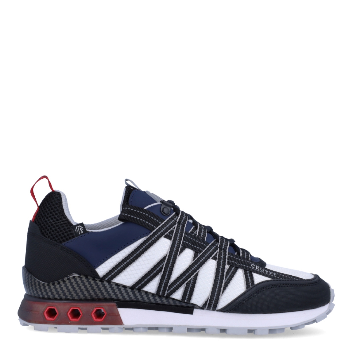 Deportiva de la marca Cruyff, modelo Fearia Hex-Tech. Exterior de la deportiva en nylon multicolor, entre negro, blanco y rojo. Interior de la deportiva en textil de color blanco. Cierre de la deportiva con cordones. Suela de goma dentada de 2 cm. Los tubos hexagonales son diseñados para permitir la entrada de aire a la parte posterior de la zapatilla, proporcionando un extra de soporte al pie. Plantilla muy cómoda, acolchada para garantizar el máximo confort. La deportiva Cruyff Fearia Hex-Tech es una nueva y exclusiva technología de Cruyff que mejora el rendimiento gracias a una mayor amortiguación.