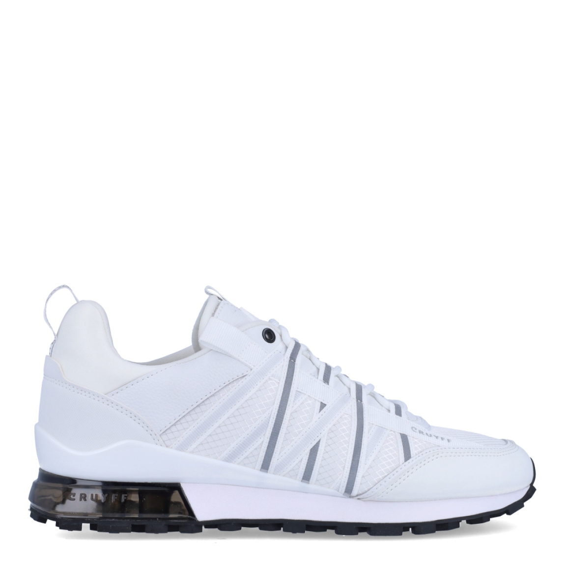 Deportiva de la marca Cruyff, modelo REX. Exterior de la deportiva en nylon color blanco. Interior de la deportiva en textil de color blanco. Cierre de la deportiva con cordones. Suela de goma plana. Plantilla muy cómoda, acolchada para garantizar el máximo confort. La deportiva Cruyff REX es una nueva y exclusiva technología de Cruyff que mejora el rendimiento gracias a una mayor amortiguación.