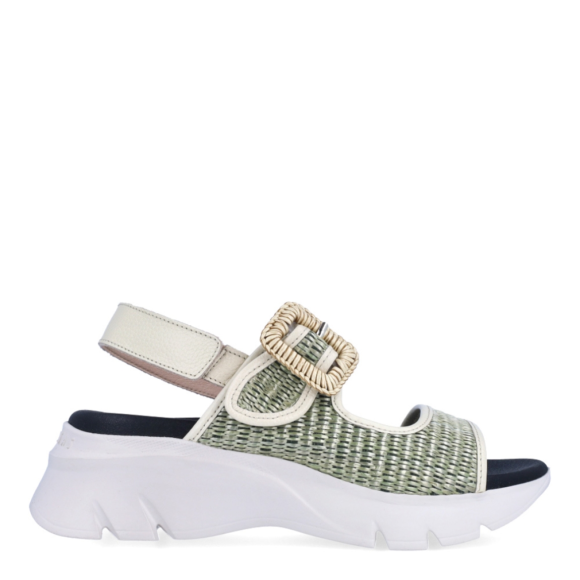 Sandalias de la marca Hispanitas, modelo LINA. Exterior de las sandalias en rafia color verde. Interior de las sandalias en piel color negro. Sandalias Hispanitas con cierre de velcro en tobillo y hebilla en pala. Sandalias con cuña de 4cm de altura. Estas sandalias Hispanitas LINA, son el complemento perfecto para tus looks de temporada, te darán estilo y comodidad sin duda!