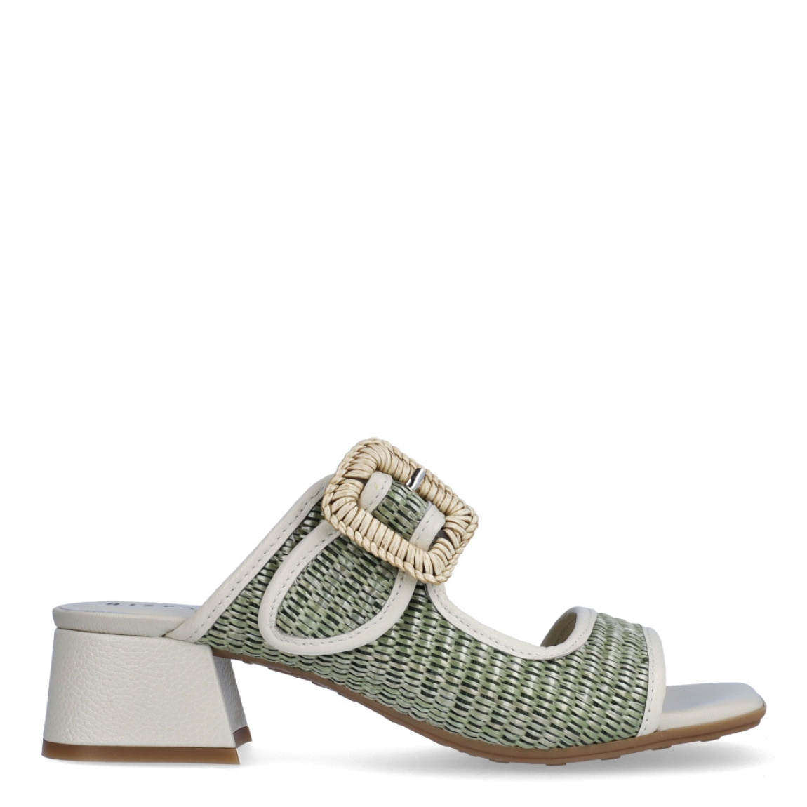 Sandalias de puntera plana de la marca Hispanitas, modelo ANNE. Exterior de las sandalias en rafia color verde. Interior de los mocasines en textil color blanco. Sandalias Hispanitas con cierre de hebilla y tacón de 4cm de altura. Estas sandalias Hispanitas ANNE, son el complemento perfecto para tus looks de temporada, te darán estilo y comodidad sin duda!
