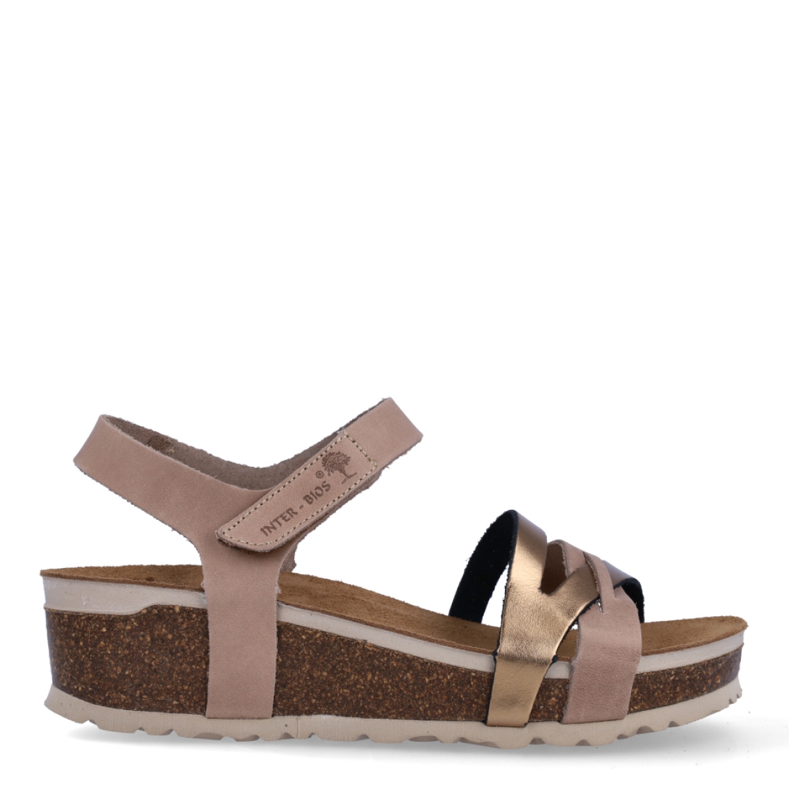 Sandalias de la marca Inter Bios, modelo MIA. Sandalias con tiras elaboradas en piel color bronce y marrón. Cierre de las sandalias con velcro y suela de goma con cuña de 4cm de altura. Estas sandalias Inter Bios MIA son ideales para elevar tus looks con la comodidad máxima que necesitas en tu día a día.