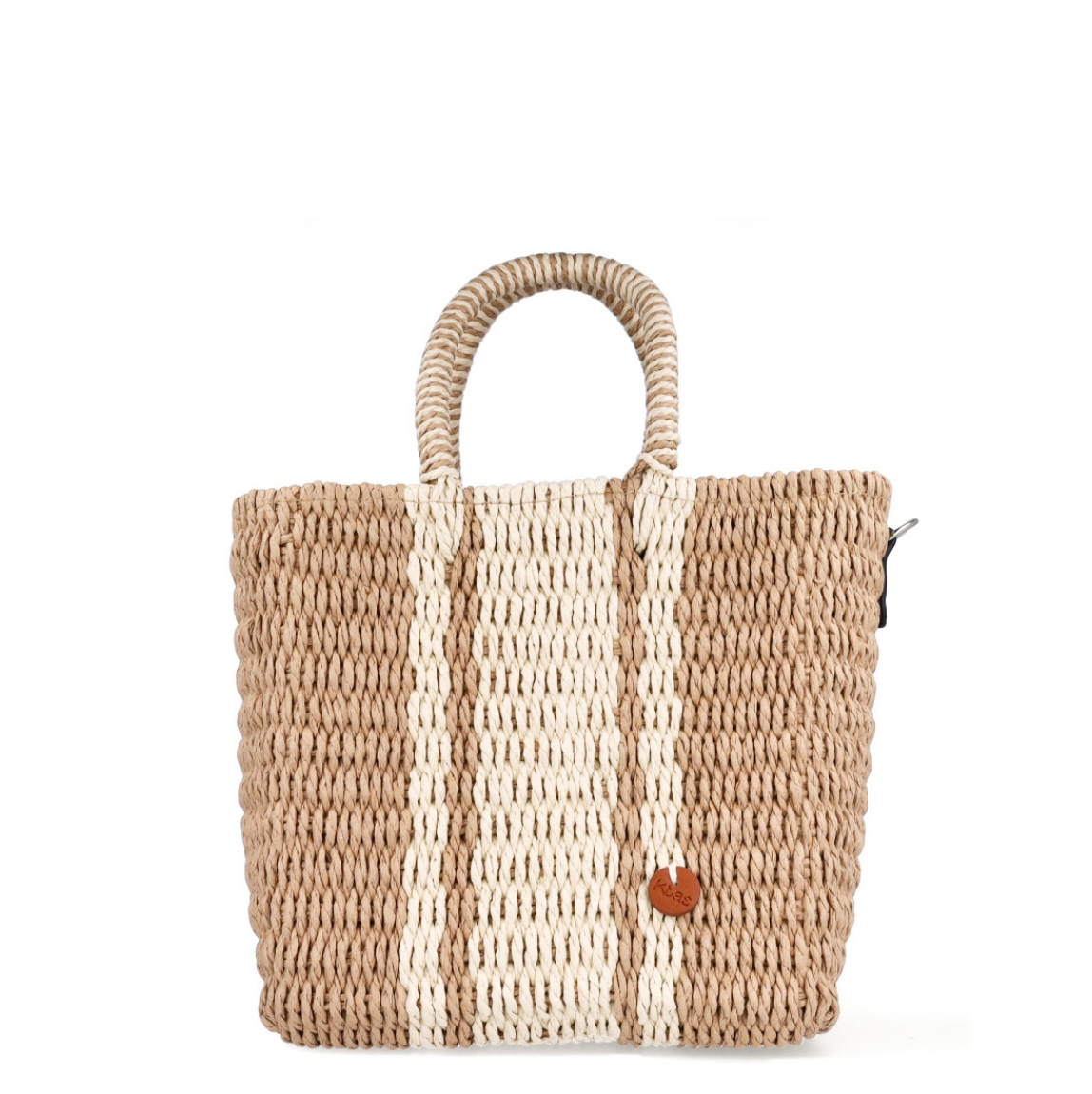 Bolso de la marca Kbas, modelo BLER. Exterior en rafia trenzada color marrón con detalles de rayas beig. Cierre del bolso con cremallera. Interior con amplio espacio para llevar lo que necesites a donde vayas. Cuenta con una asa de mano y una regulable y extraíble para máxima comodidad. Medidas: alto 22cm y ancho 25cm. Este bolso Kbas BLER es un complemento ideal para llevar con tus looks de temporada!
