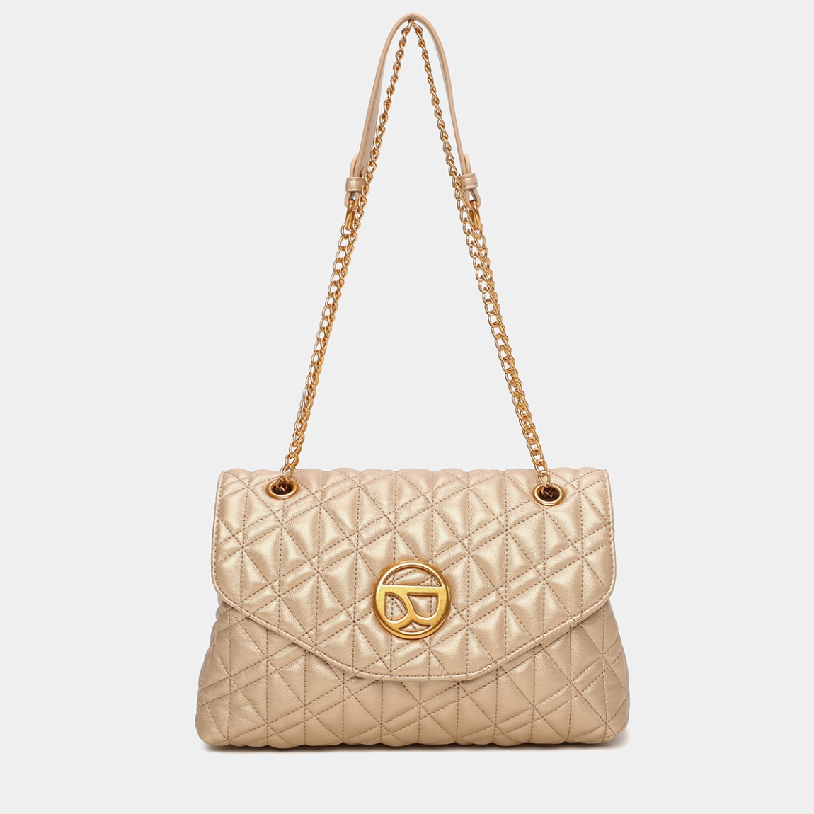 Bolso de la marca Binnari, modelo ELLA. Bolso elaborado en piel color platino con logo en la parte frontal. Interior con diferentes compartimentos y bolsillo con cremallera. Cierre del bolso con botón. Bolso con asa ajustable, de polipiel en el hombro y el resto de eslavones color oro viejo. Medidas del bolso: alto 16cm y ancho 26cm. Este bolso Binnari ELLA es un complemento ideal para tus looks.