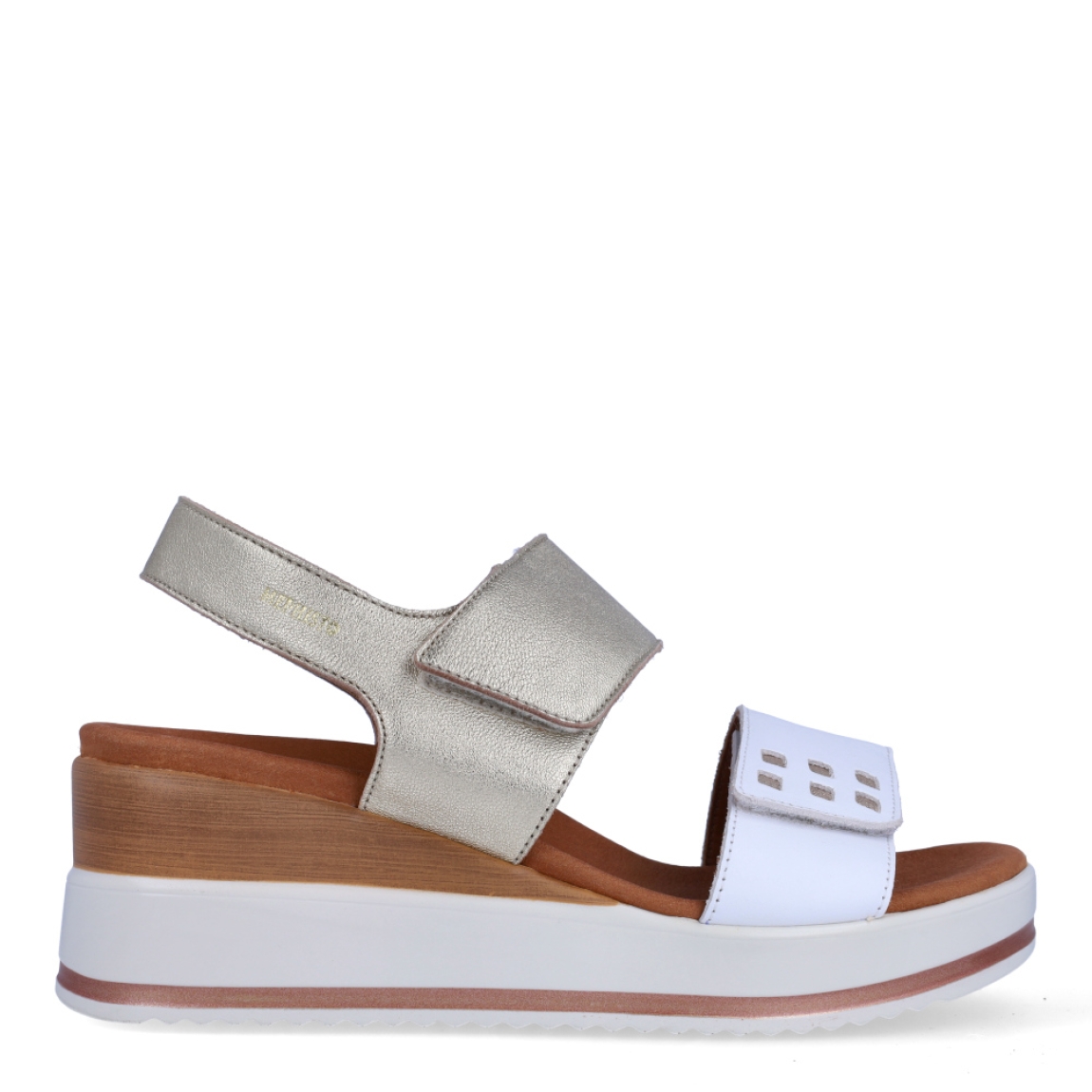Sandalias de la marca Mephisto, modelo SWENA. Exterior en piel color blanco con detalle en dorado. Interior en piel color camel. Cierre con doble velcro en pala. Sandalias Mephisto con cuña de 6cm de alturas. Estas sandalias Mephisto SWENA son ideales para esta temporada, te darán la comodidad y estilo en tu día a día!