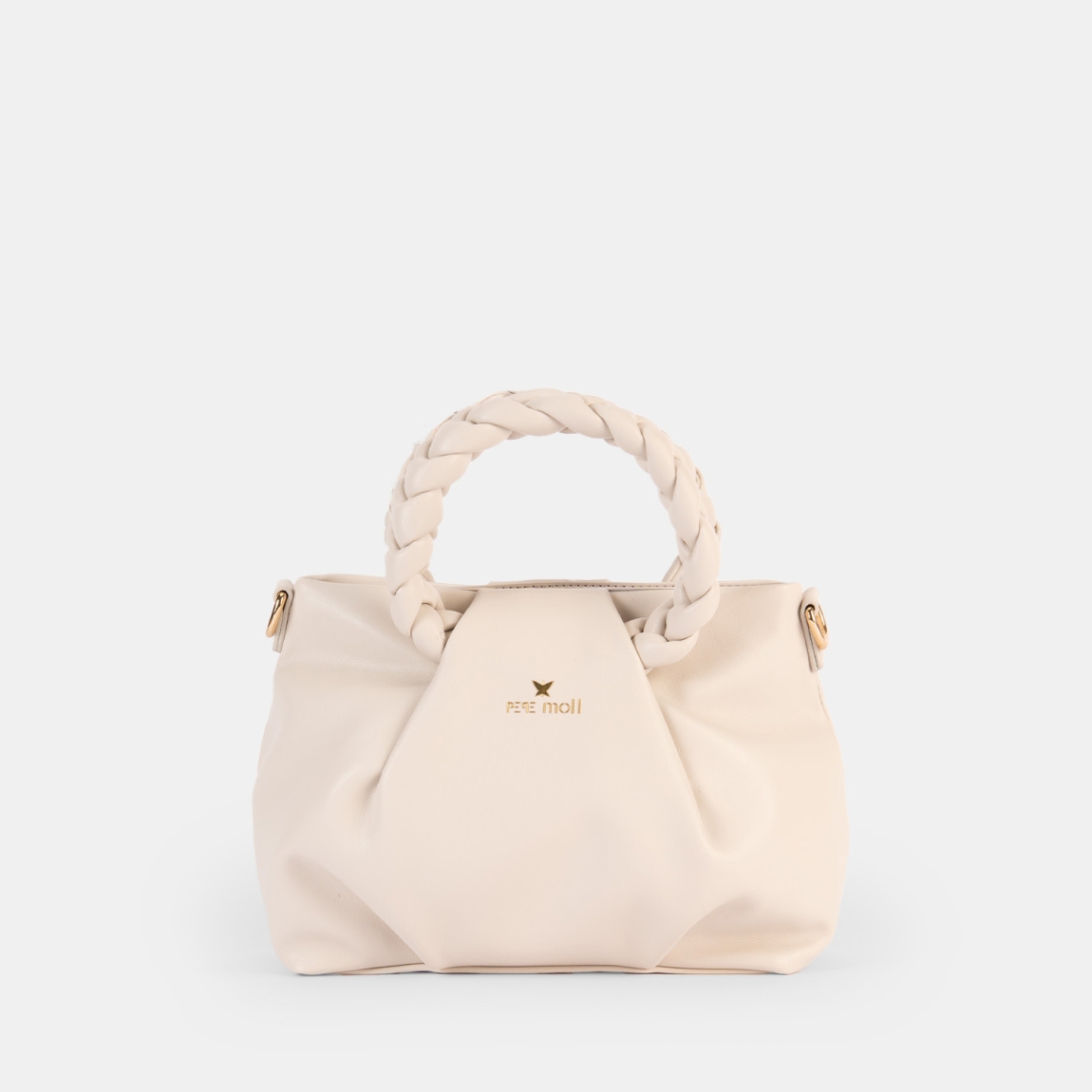 El bolso de mano de la marca Pepe Moll, modelo GIANE. Este bolso elaborado en polipiel color blanco es la fusión perfecta entre elegancia y tendencia. Su diseño estructurado con asas trenzadas aporta un aire sofisticado y moderno, ideal para elevar cualquier look. Versátil y espacioso, es la elección perfecta para el día a día o para ocasiones especiales donde el estilo es imprescindible. Cierre con cremallera. Medidas: alto 17cm y ancho 22cm.