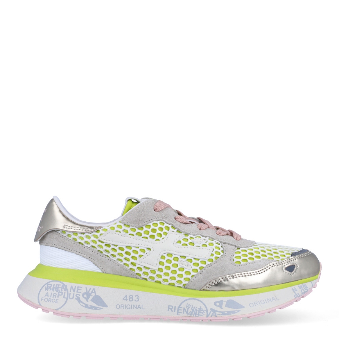 Deportivas de la marca Premiata, modelo LAURYN. Exterior de las deportivas en tela efecto rejilla color fluor con detalle del logo en color blanco y aplicaciones ante color beig. Interior de las deportivas en piel color blanco. Cierre de las deportivas Premiata con cordones. Deportivas con cuña de 3cm de altura. Estas deportivas Premiata LAURYN son un complemento ideal para tu armario de temporada!