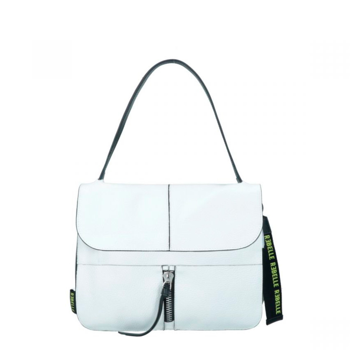 Bolso de la marca Rebelle, modelo CAROLE. Elaborado en piel color blanco con detalles en negro. Este es el nuevo bolso de hombro de piel auténtica hecho en Italia. Forma parte de la colección BASIC. Es un bolso cómodo y moderno, ideal para cualquier ocasión. El interior está forrado y cuenta con bolsillos para guardar objetos. Incorpora una correa de hombro ajustable y extraíble para llevarlo cruzado. Medidas: alto 27cm y ancho 30cm. Ideal para llevarlo a todos lados!
