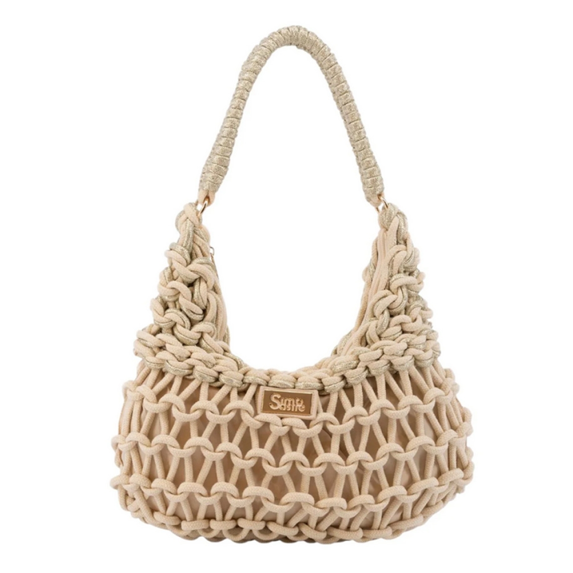 Bolso hobo de la marca Simosastre, modelo CECILE. Bolso fabricado en tejido de tela con forma de cuerdas color beig, con cierre cremallera y bolsillos interiores, asa estilo hobo en poli piel al tono con mosquetones y bandolera regulable de naylon al tono con mosquetones, logo metalizado. Medidas: alto 17cm y ancho 32cm. Este bolso Simosastre CECILE es ideal para lucirlo esta temporada!