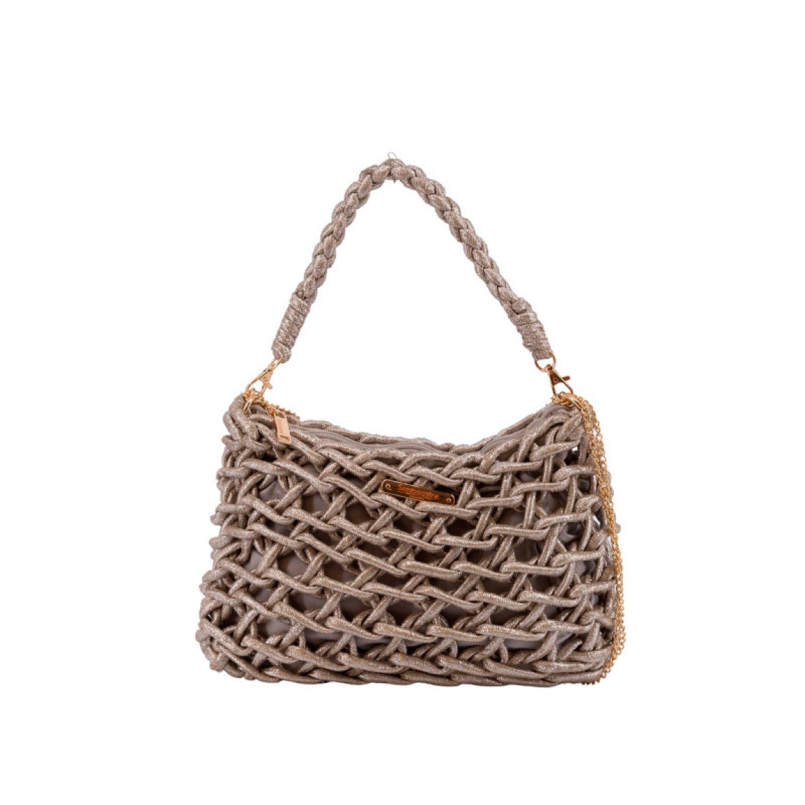 Bolso de la marca Simosastre, modelo ELOISE. Bolso fabricado en tejido de tela con forma de cuerdas color platino, con cierre cremallera y bolsillos interiores, asa estilo hobo en poli piel al tono con mosquetones y asa de cadena. Medidas: alto 19cm y ancho 29cm. Este bolso Simosastre ELOISE es ideal para lucirlo esta temporada!