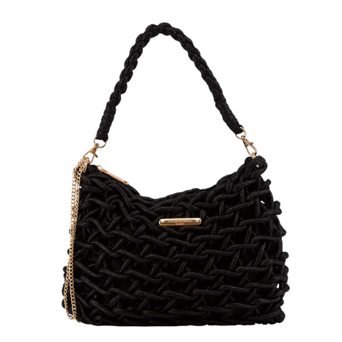 Bolso de la marca Simosastre, modelo ELOISE. Bolso fabricado en tejido de tela con forma de cuerdas color negro, con cierre cremallera y bolsillos interiores, asa estilo hobo en poli piel al tono con mosquetones y asa de cadena. Medidas: alto 19cm y ancho 29cm. Este bolso Simosastre ELOISE es ideal para lucirlo esta temporada!