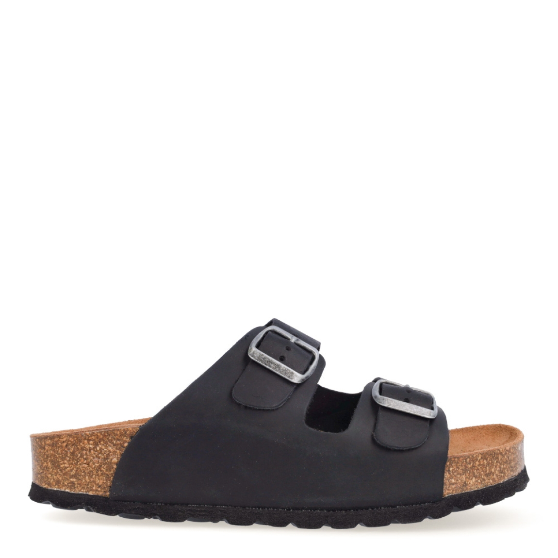 Sandalias de la marca Itse, modelo IRIS. Exterior de las sandalias en piel color negro. Interior de las sandalias en ante color camel. Cierre de las sandalias con doble hebilla, en pala y empeine. Suela plana de corcho. Estas sandalias Itse IRIS tienen el diseño perfecto para tus looks de temporada, te hará resaltar tu estilo y te brindará la mayor comodidad al caminar