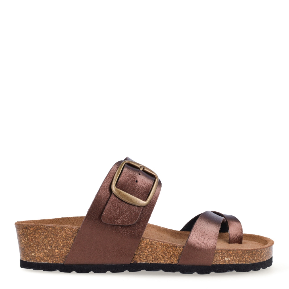 Sandalias de la marca Itse, modelo DUQUE. Exterior en piel color bronce con tiras cruzadas en pala. Interior en ante color marrón. Cierre de sandalias Itse con hebilla en empeine. Suela de 4cm de altura. Estas sandalias Itse DUQUE son ideales en comodidad, ligereza, perfectas para esta temporada!