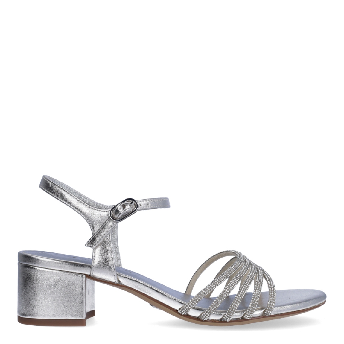 Sandalias de la marca Tamaris, modelo ZOE. Exterior en piel color plata con detalle de brillantes en tiras de pala. Interior en piel color plata. Cierre de las sandalia Tamaris con hebilla en tobillo y tacón de 4cm de altura. Estas sandalias Tamaris ZOE son ideales para tus eventos importantes, con ellas lucirás un estilo único!