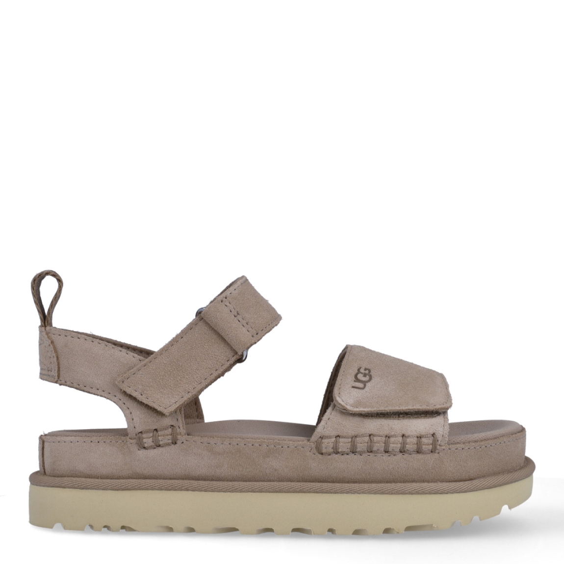 Sandalias de la marca UGG, modelo GOLDENSTAR. Exterior en ante color camel con tiras en pala. Interior en ante color camel. Cierre de sandalias UGG con doble velcro. Sandalias con plataforma dentada de 4cm de altura. Estas sandalias UGG GOLDENSTAR es un complemento ideal para tus looks de temporada!