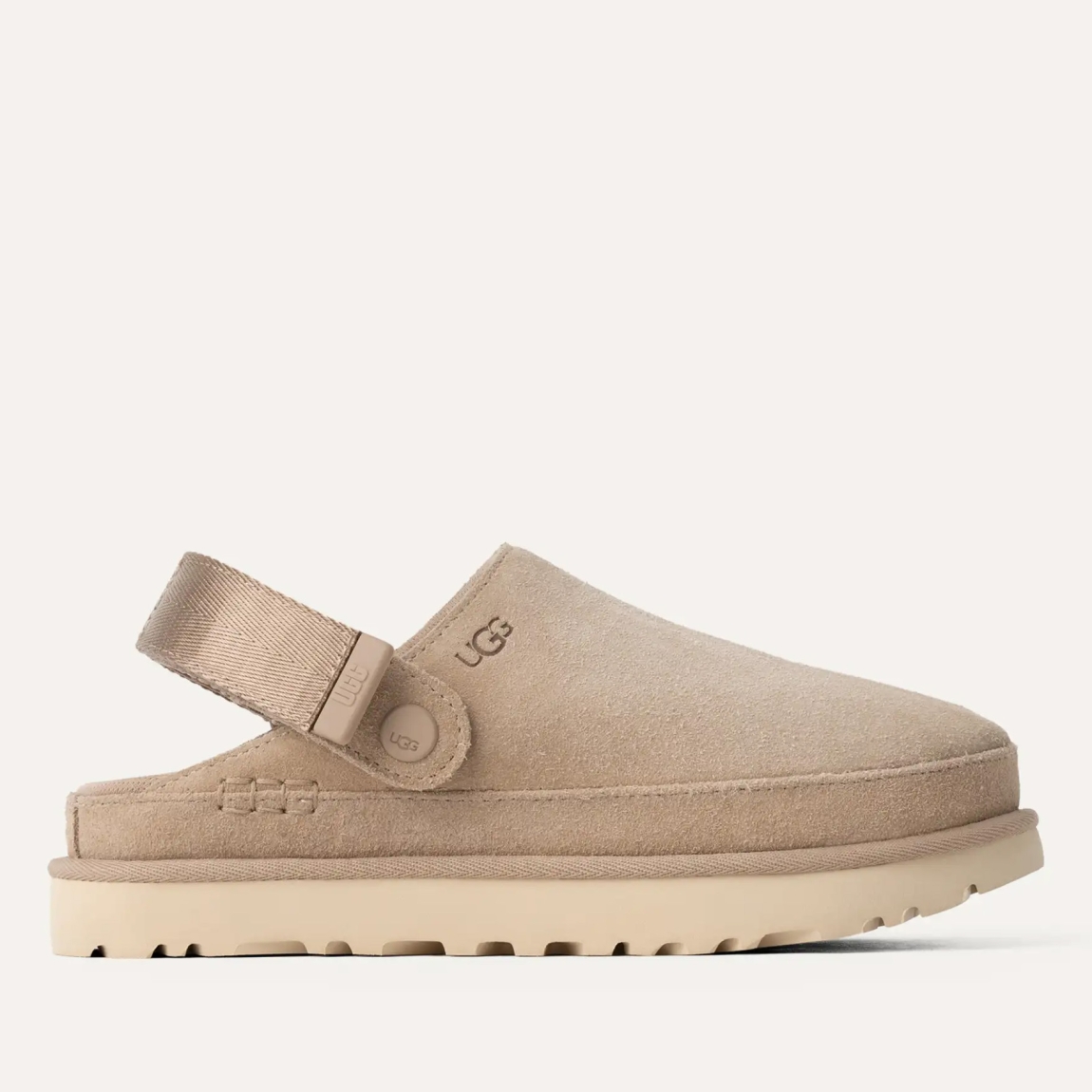 Zuecos de la marca UGG, modelo GOLDENSTAR. Exterior en ante color camel con logo de marca. Interior en ante color camel. Cierre de zuecos UGG con velcro. Zuecos con plataforma dentada de 4cm de altura. Estos zuecos UGG GOLDENSTAR es un complemento ideal para tus looks de temporada!