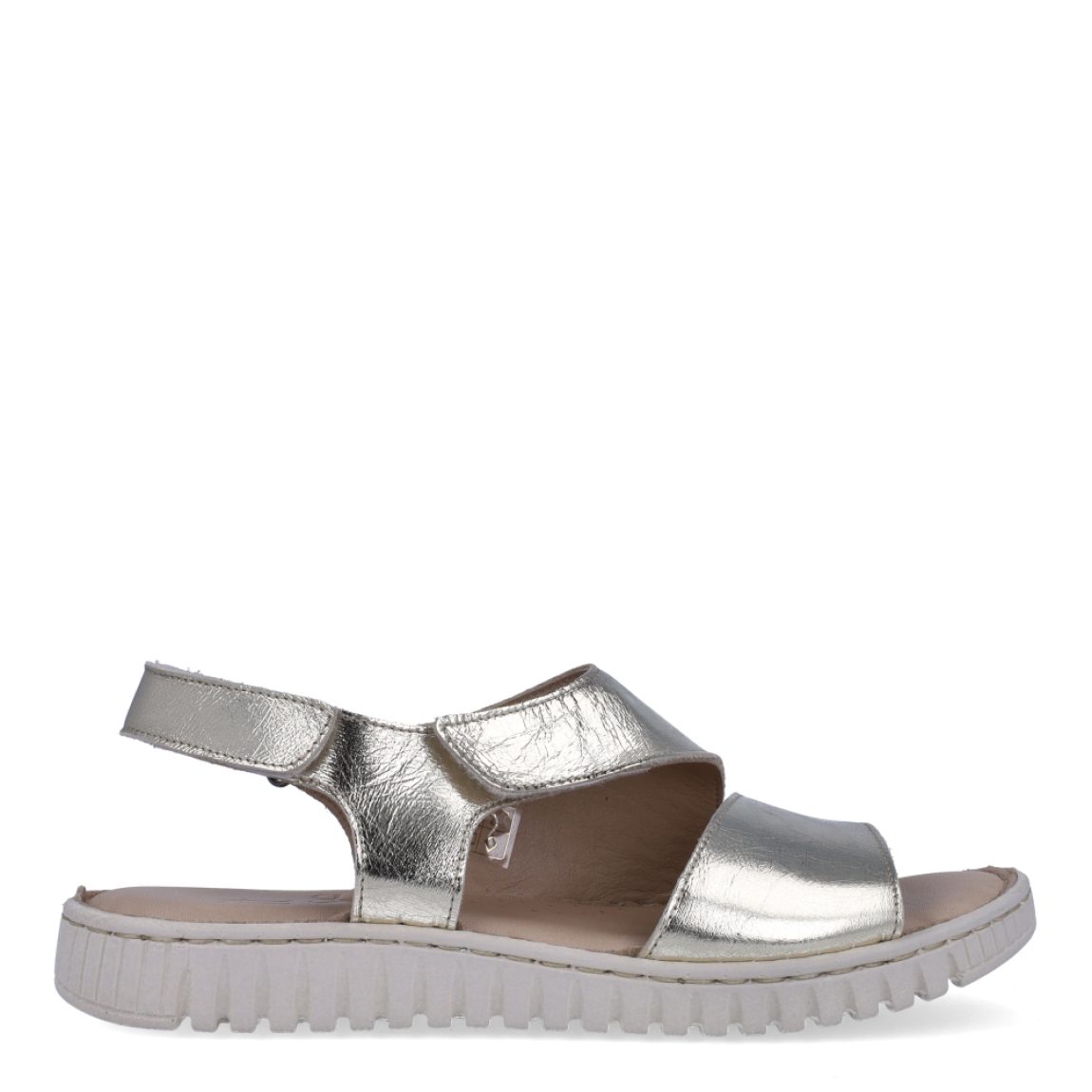 Sandalias de la marca Itse, modelo ELINA. Exterior en piel color oro. Interior en piel color nude. Cierre de sandalias Itse con doble velcro en empeine y tobillo. Suela dentada súperflexiible. Planta de piel muy acolchada pensada para el máximo comfort.