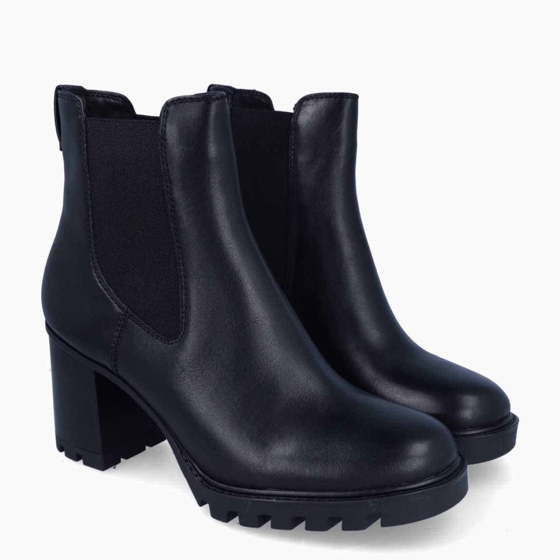 Botines de la marca Tamaris, modelo ALONDRA. Exterior en piel color negro con punta redonda. Interior en piel color negro. Botines con cierre de gomas elásticas y suela dentada con 7cm de altura. Estos botines Tamaris ALONDRA son ideales para elevar tus looks! un clásico que no debe faltar en tu armario!