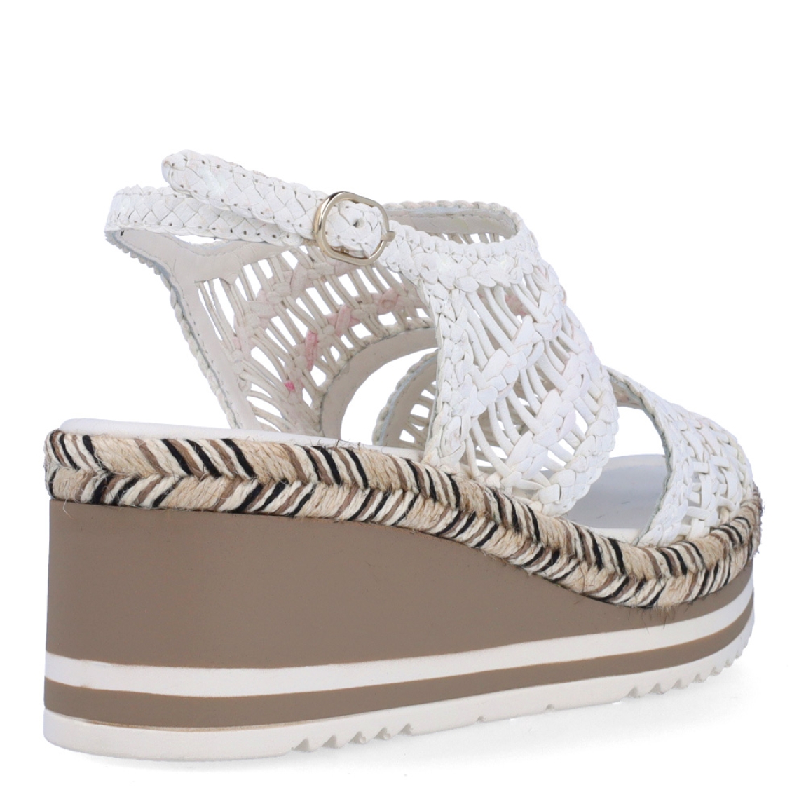 Sandalias de la marca Pons Quintana, modelo ATENEA. Exterior en piel trenzada de color blanco. Interior en piel color blanco. Cierre de sandalias Pons Quintana con hebilla en tobillo y cuña de 6cm de altura. Estas sandalias Pons Quintana ATENEA son ideales para esta temporada!