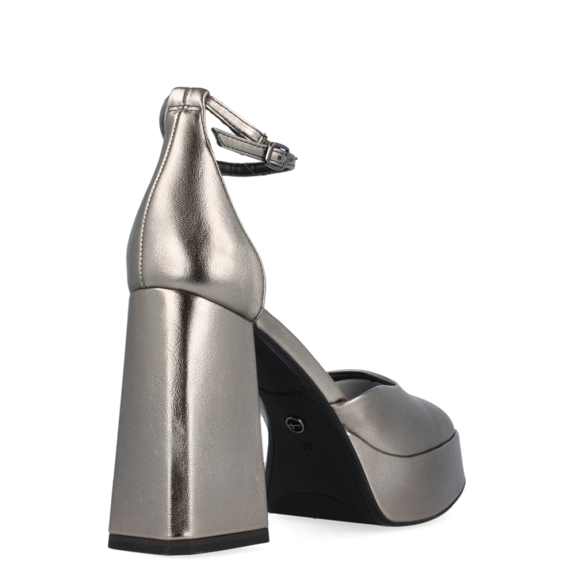 Sandalia plateada de la marca Tamaris, modelo Moon. Exterior de la sandalia de tela de color plateado. Interior de la sandalia de tela de color negro. Cierre de la sandalia con hebilla en el tobillo. Sandalia con plantilla acolchada para garantizar el máximo confort. Sandalia con tacón alto y ancho de 11 cm de altura, incluyendo unos 3 cm de plataforma. La sandalia de fiesta de Tamaris es una sandalia vegana, cómoda y un básico para los looks más especiales.