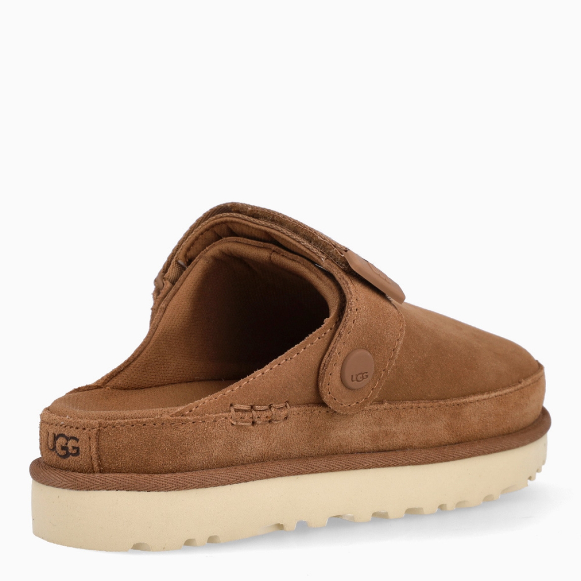 Zuecos de la marca UGG, modelo GOLDENSTAR. Zuecos elaborados en forro textil confeccionado con fibras de poliéster 100 % reciclado color cuero. Logotipo de UGG grabado. Tira ajustable en el talón, cierre de velcro, extremo de la tira de TPU con letras UGG. Plantilla textil elaborada con fibras de poliéster 100 % reciclado. Suela de goma con plataforma. Estos zuecos UGG GOLDENSTAR son un complemento ideal en comodidad y estilo!