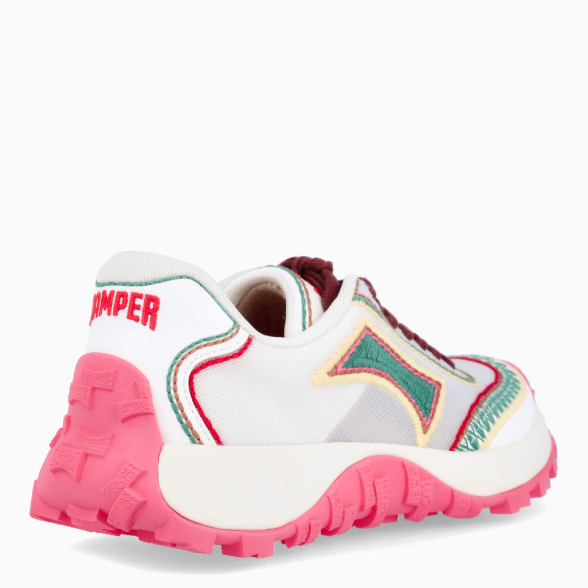 Deportivas de la marca Camper, modelo VIVIAM. Exterior en naylon color blanco con detalle en multicolor. Deportivas clásicas con cierre de cordones en pala color granate. Suela de goma dentada. Estas deportivas Camper VIVIAM son unas clásicas, ideales para tu día a día!