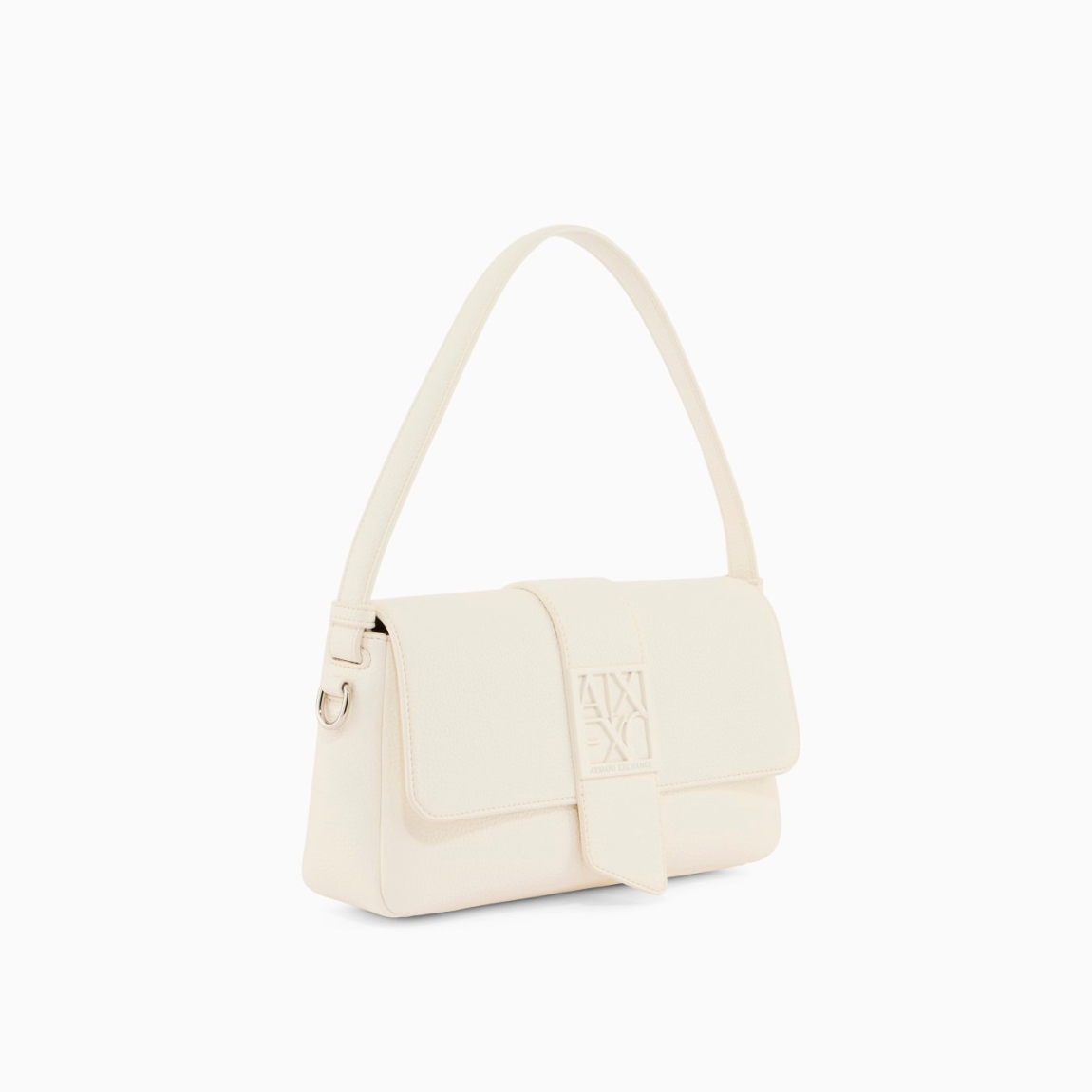 Bolso de hombro de la marca Armani Exchange, modelo DEBORA. Elaborado en ecopiel color blanco. Las líneas limpias y la silueta estructurada crean un accesorio de lujo discreto, perfecto para completar un look sofisticado. Cierre con botón inmantado y logotipo en parte frontal. Bolso Armani Exchange DEBORA, es un complemento que ofrece un toque de elegancia sobria y natural, ideal para la mujer moderna que aprecia los detalles refinados. Medidas: alto 15cm y ancho 28cm.