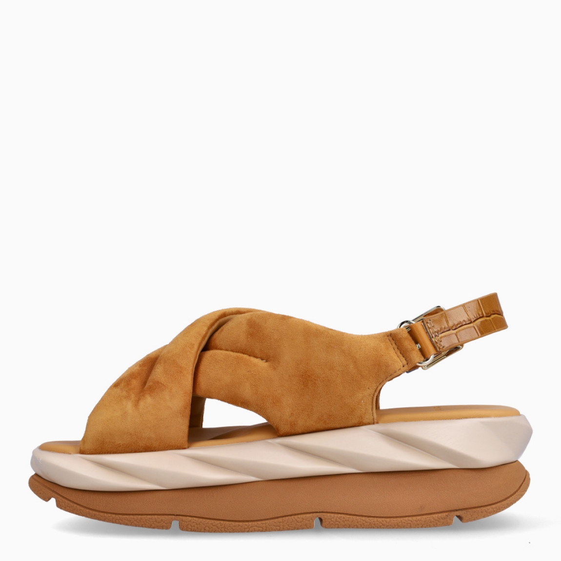 Sandalias de la marca 4CCCCEES, modelo MELLOW. Exterior de las sandalias en ante color camel y pala cruzada. Interior de las sandalias en piel color beig. Cierre con hebilla en el tobillo. Sandalias 4CCCCEES con plataforma de 4cm de altura con diseño ondulado color camel y beig. Estas sandalias 4CCCCEES MELLOW tiene el diseño perfecto entre originalidad y ligereza que te acompañará en tu día a día en esta temporada.