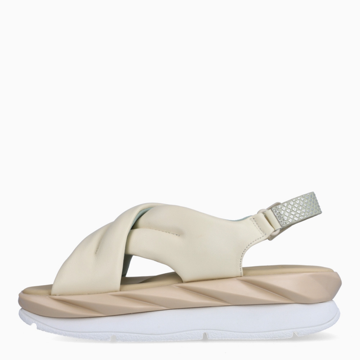 Sandalias de la marca 4CCCCEES, modelo MELLOW. Exterior de las sandalias en piel color hielo y pala cruzada. Interior de las sandalias en piel color beig. Cierre con hebilla en el tobillo. Sandalias 4CCCCEES con plataforma de 4cm de altura con diseño ondulado color camel y beig. Estas sandalias 4CCCCEES MELLOW tiene el diseño perfecto entre originalidad y ligereza que te acompañará en tu día a día en esta temporada