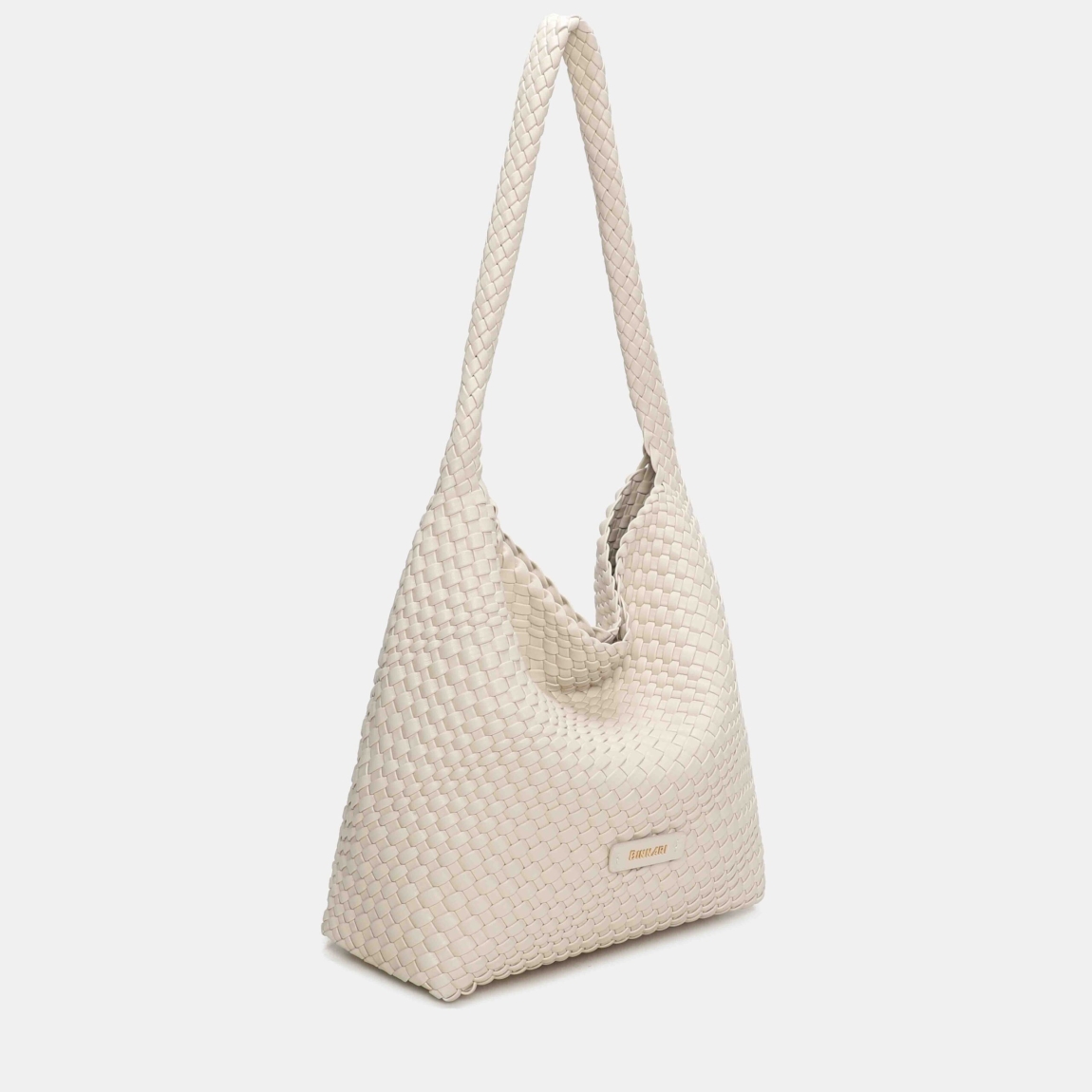Bolso grande de la marca Binnari, modelo LIRA. Bolso elaborado en PU trenzado color hielo, es un auténtico best seller gracias a su diseño cómodo, ligero y súper versátil. Su asa larga permite llevarlo al hombro con total comodidad, adaptándose perfectamente al cuerpo. Bolso Binnari LIRA con un interior amplio, ideal para el día a día, y los detalles metálicos en tono oro claro aportan un toque elegante. Medidas: alto 34cm y ancho 35cm.