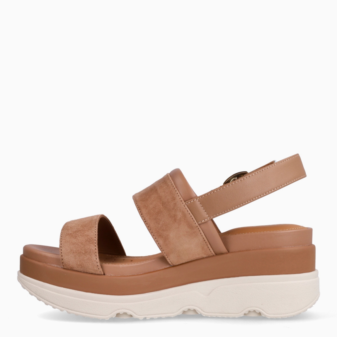 Sandalias de la marca Geox, modelo UFUR. Elaboradas en ante color beig con doble tira en pala. Interior en piel color camel. Sandalias Geox con cierre de hebilla en tobillo y suela con plataforma de 6cm de altura. Sandalias Geox UFUR, complemento clásico para tu día a día!