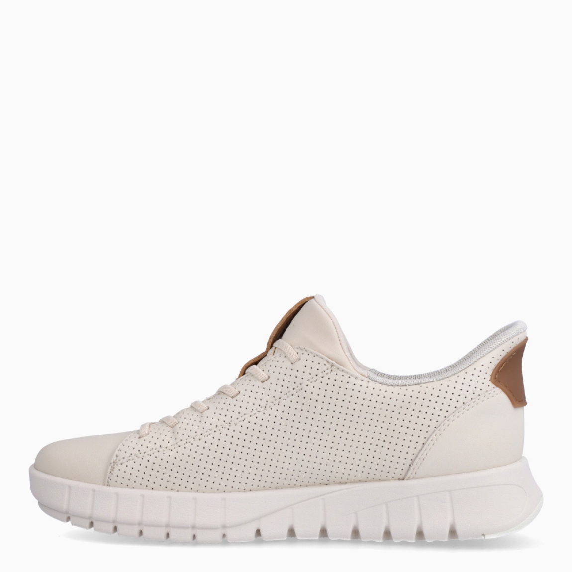 Deportivas de la marca Geox, modelo D65. Elaboradas en piel color beig con efecto troquelado. Interior en piel color blanco con plantilla acolchada y extraíble para máxima comodidad. Deportivas Geox con cierre de cordones y suela dentada de goma plana. Deportivas Geox D65, complemento clásico para tu día a día!