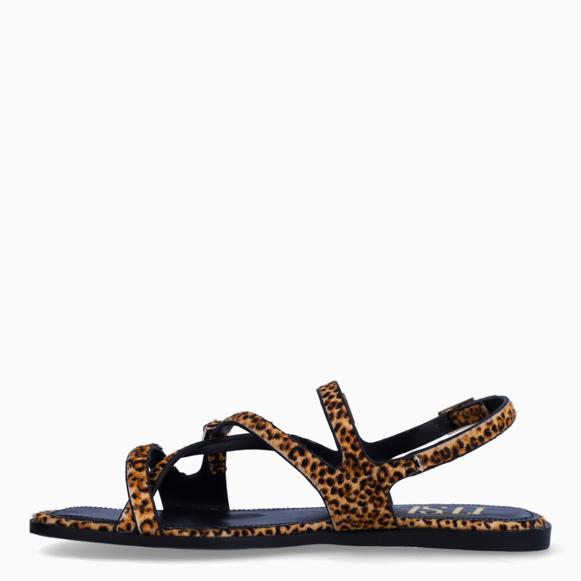 Sandalias de la marca Itse, modelo BELEN. Sandalias elaboradas en piel potro con estampado animal print de leopardo. Interior de sandalias en piel color negro. Sandalias con tiras cruzadas en pala y cierre con tres hebillas, dos en pala y una en tobillo. Sandas Itse con suela de goma plana. Estas sandalias Itse BELEN son ideales para ti!