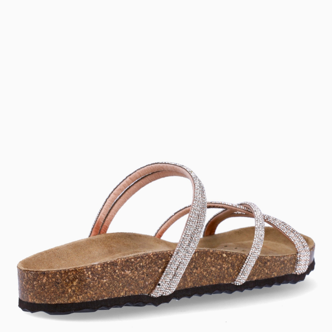 Sandalias de la marca Geox, modelo DASY. Sandalias elaboradas piel con detalle de piedrerías rosa y tiras cruzadas en pala. Interior en piel color camel. Cierre de sandalias Geox con cordones y suela de corcho plana. Sandalias Geox DASY ideales para esta temporada!